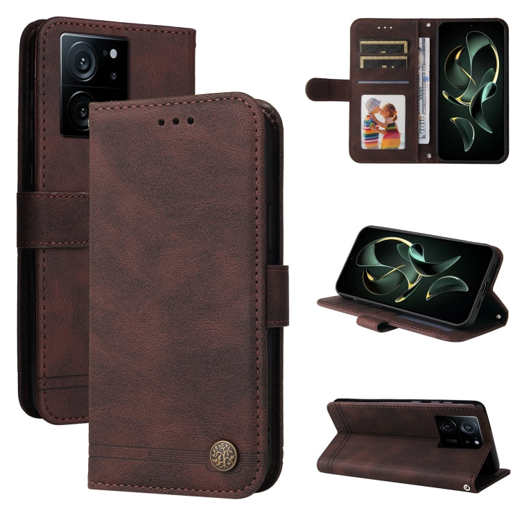 Skin Feel Life Tree Metal Button Leather Phone Case