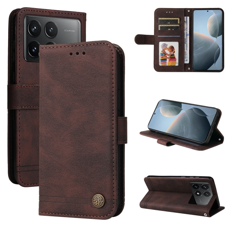 Skin Feel Life Tree Metal Button Leather Phone Case