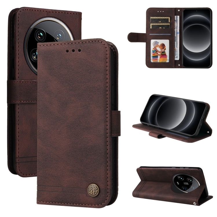 Skin Feel Life Tree Metal Button Leather Phone Case
