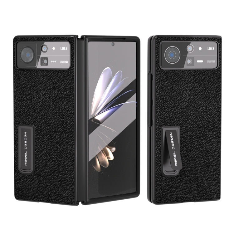 Integrated Black Edge Genuine Leather Mino Phone Case with Holder, For OPPO Find N2, For Xiaomi Mix Fold 2