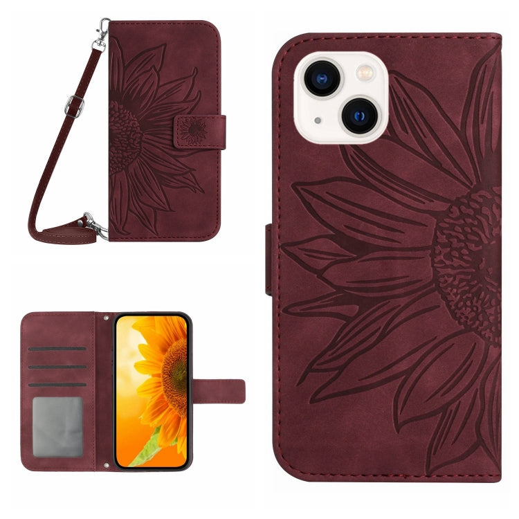 Skin Feel Sun Flower Embossed Flip Leather Phone Case with Lanyard, For iPhone 15