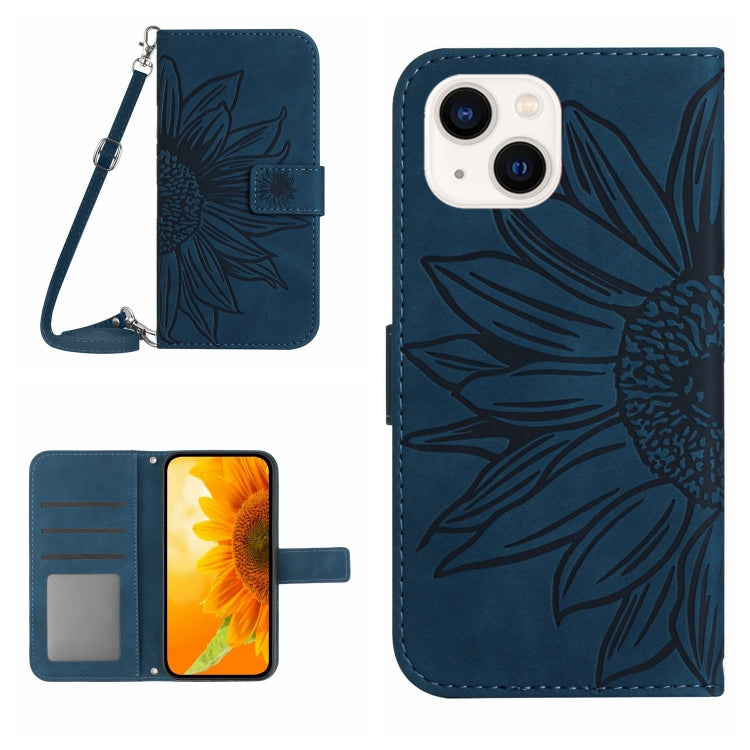 Skin Feel Sun Flower Embossed Flip Leather Phone Case with Lanyard, For iPhone 15