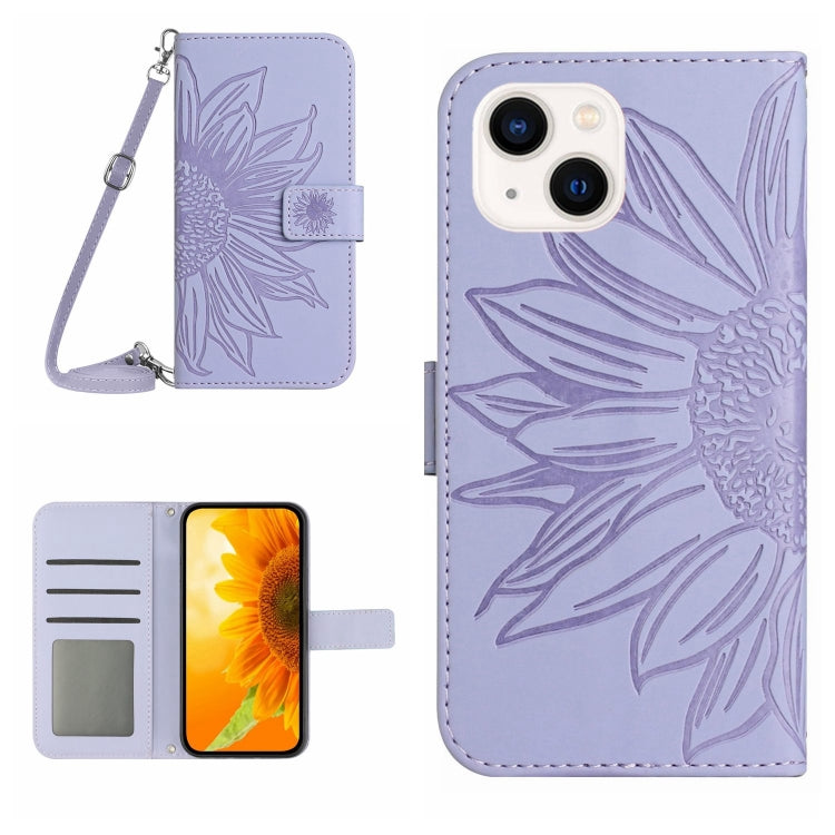 Skin Feel Sun Flower Embossed Flip Leather Phone Case with Lanyard, For iPhone 15 Pro, For iPhone 15 Plus