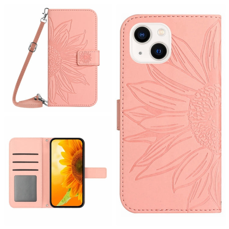 Skin Feel Sun Flower Embossed Flip Leather Phone Case with Lanyard, For iPhone 15 Pro, For iPhone 15 Plus