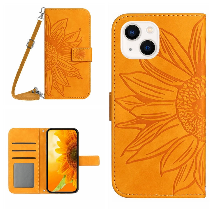 Skin Feel Sun Flower Embossed Flip Leather Phone Case with Lanyard, For iPhone 15 Pro, For iPhone 15 Plus