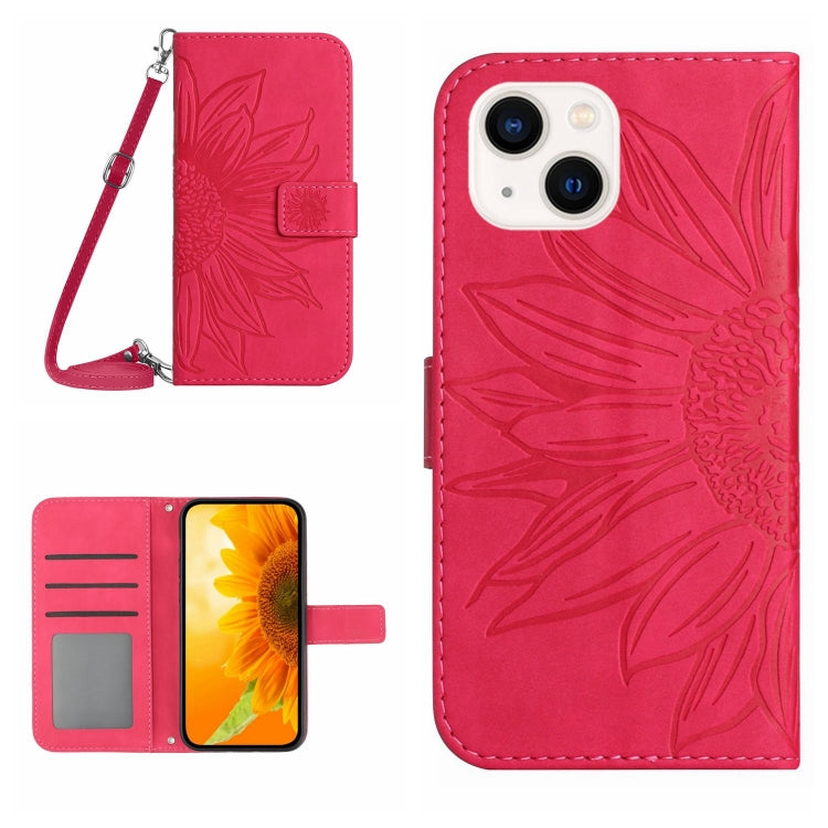 Skin Feel Sun Flower Embossed Flip Leather Phone Case with Lanyard, For iPhone 15 Pro, For iPhone 15 Plus