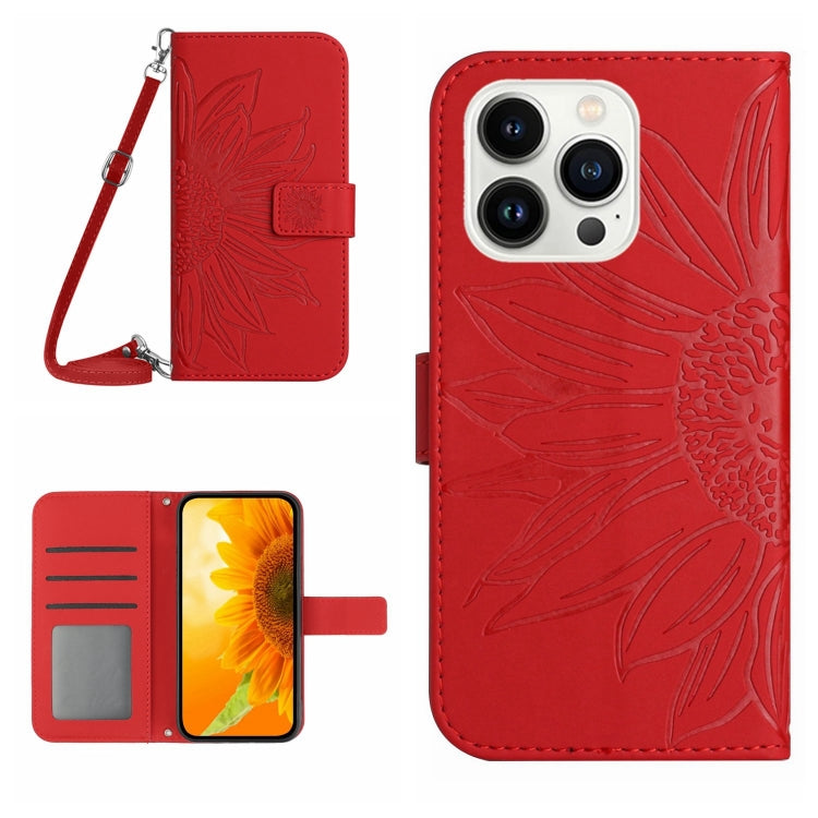 Skin Feel Sun Flower Embossed Flip Leather Phone Case with Lanyard, For iPhone 15 Pro, For iPhone 15 Plus