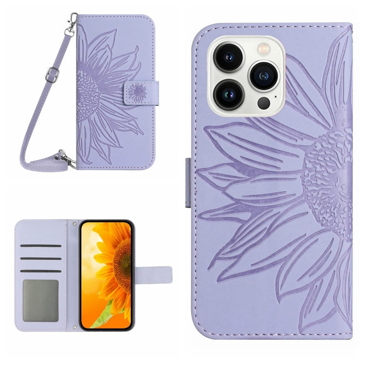 Skin Feel Sun Flower Embossed Flip Leather Phone Case with Lanyard, For iPhone 15 Pro, For iPhone 15 Plus
