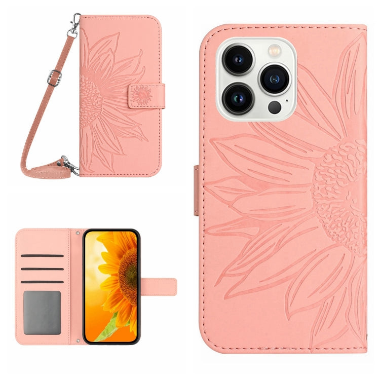 Skin Feel Sun Flower Embossed Flip Leather Phone Case with Lanyard, For iPhone 15 Pro, For iPhone 15 Plus