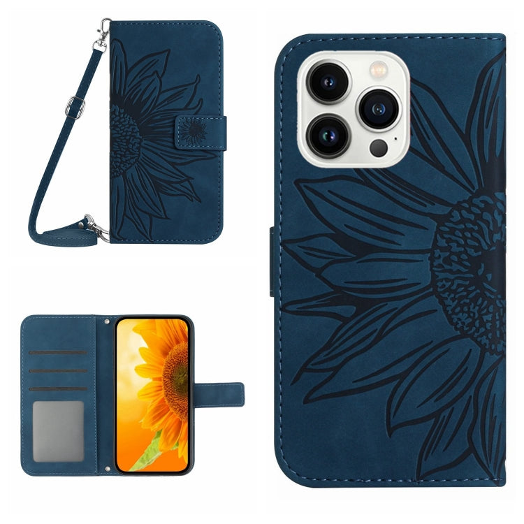 Skin Feel Sun Flower Embossed Flip Leather Phone Case with Lanyard, For iPhone 15 Pro, For iPhone 15 Plus