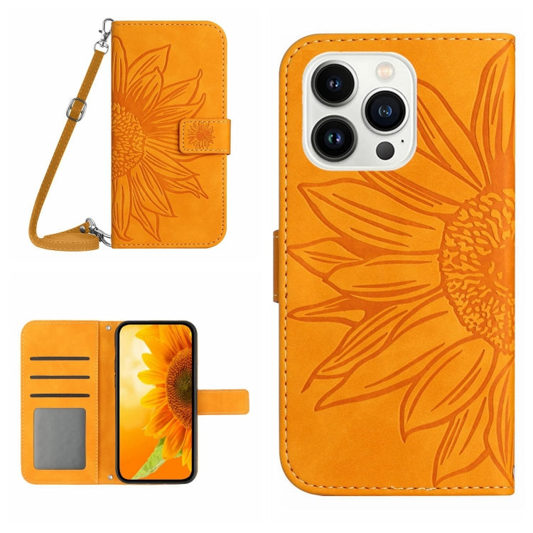 Skin Feel Sun Flower Embossed Flip Leather Phone Case with Lanyard, For iPhone 16, For iPhone 15 Pro Max