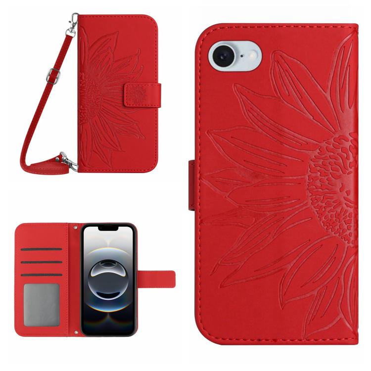 Skin Feel Sun Flower Embossed Flip Leather Phone Case with Lanyard, iPhone 16e, For iPhone 15 Pro Max
