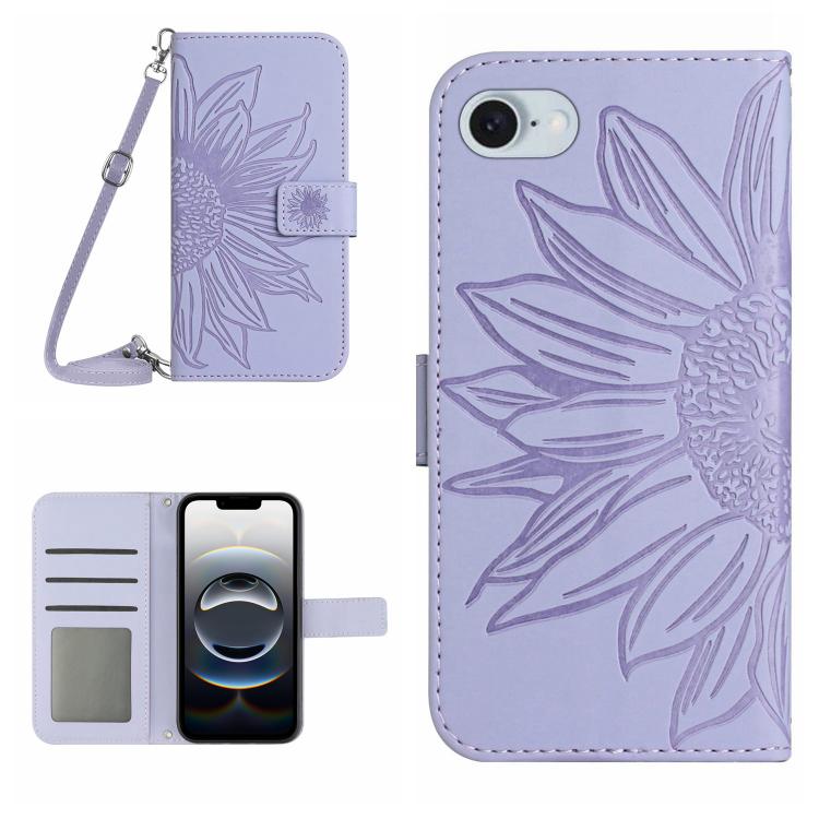 Skin Feel Sun Flower Embossed Flip Leather Phone Case with Lanyard, For iPhone 16 Pro Max, For iPhone 16 Pro