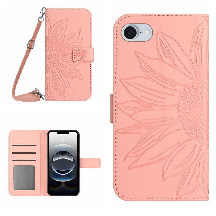 Skin Feel Sun Flower Embossed Flip Leather Phone Case with Lanyard, iPhone 16e, For iPhone 15 Pro Max