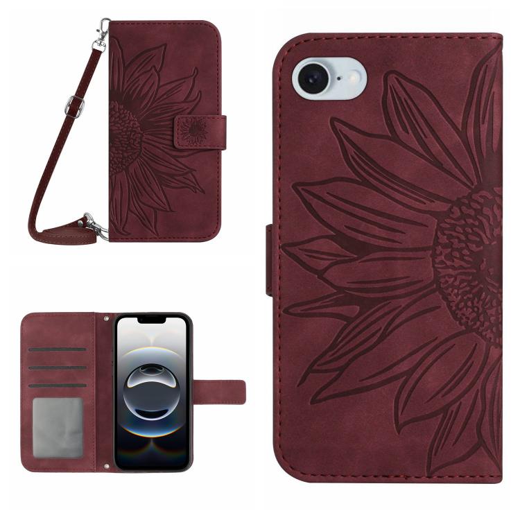 Skin Feel Sun Flower Embossed Flip Leather Phone Case with Lanyard, iPhone 16e, For iPhone 15 Pro Max