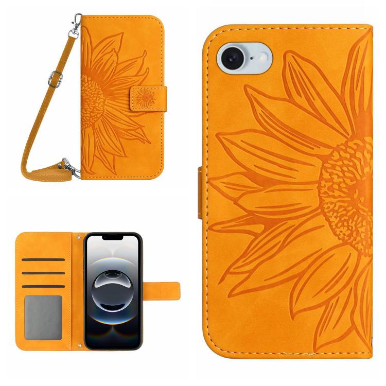 Skin Feel Sun Flower Embossed Flip Leather Phone Case with Lanyard, iPhone 16e, For iPhone 15 Pro Max