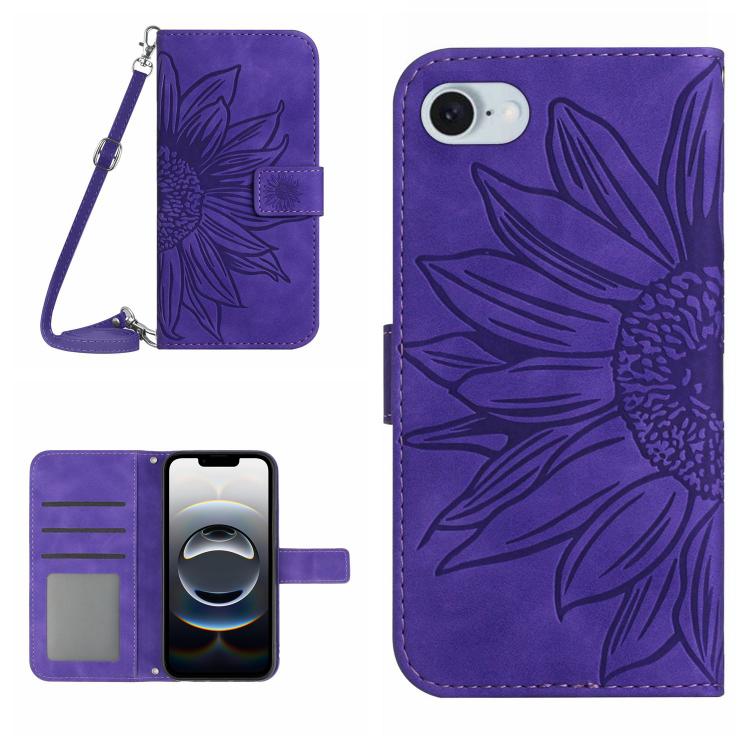 Skin Feel Sun Flower Embossed Flip Leather Phone Case with Lanyard, iPhone 16e, For iPhone 15 Pro Max