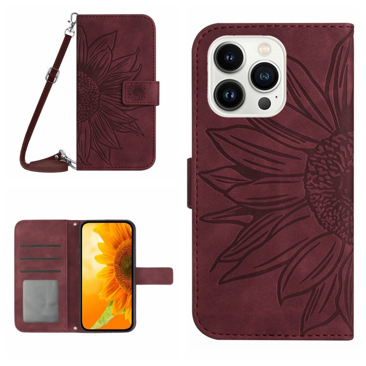 Skin Feel Sun Flower Embossed Flip Leather Phone Case with Lanyard, iPhone 16e, For iPhone 15 Pro Max