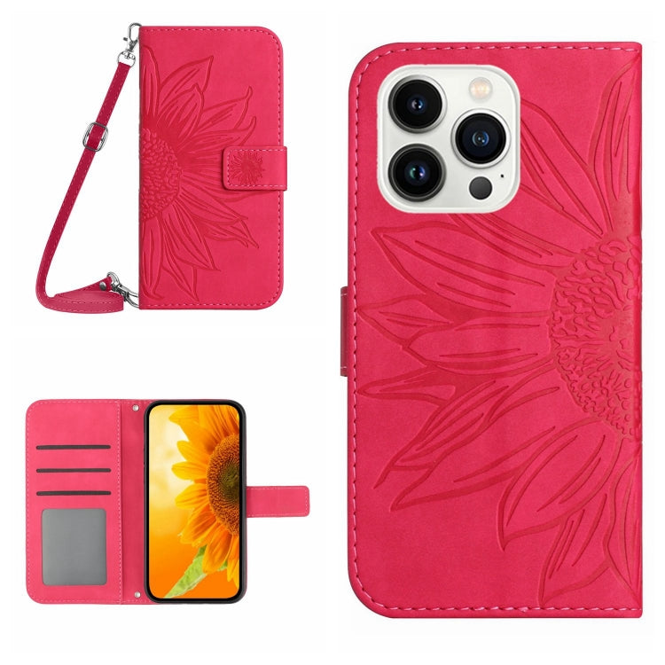 Skin Feel Sun Flower Embossed Flip Leather Phone Case with Lanyard, iPhone 16e, For iPhone 15 Pro Max