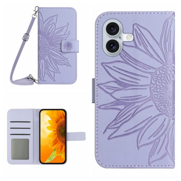 Skin Feel Sun Flower Embossed Flip Leather Phone Case with Lanyard, For iPhone 16 Pro, For iPhone 16 Plus