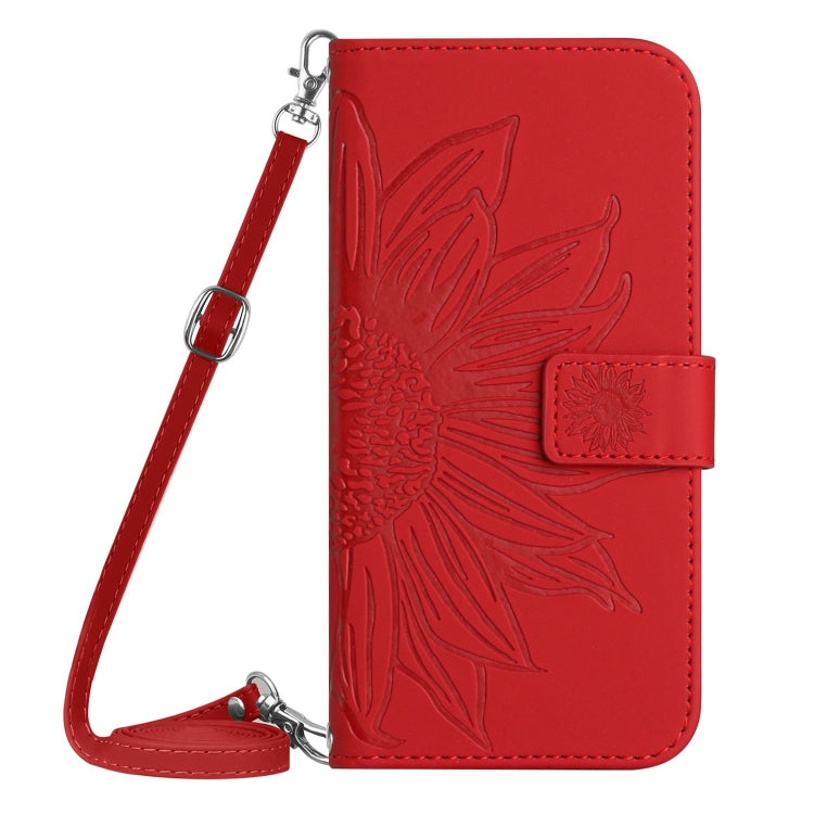 Skin Feel Sun Flower Embossed Flip Leather Phone Case with Lanyard, For iPhone 16, For iPhone 15 Pro Max