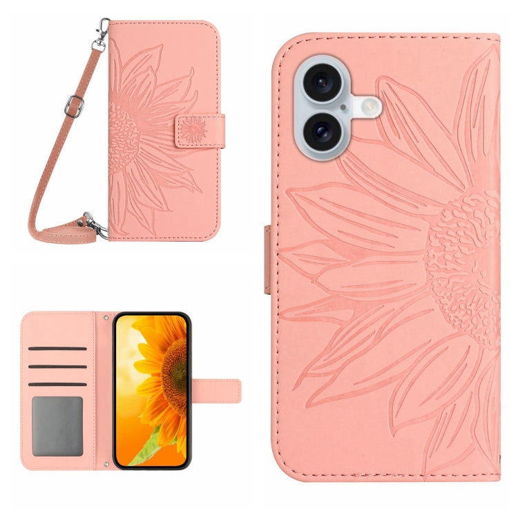 Skin Feel Sun Flower Embossed Flip Leather Phone Case with Lanyard, For iPhone 16, For iPhone 15 Pro Max