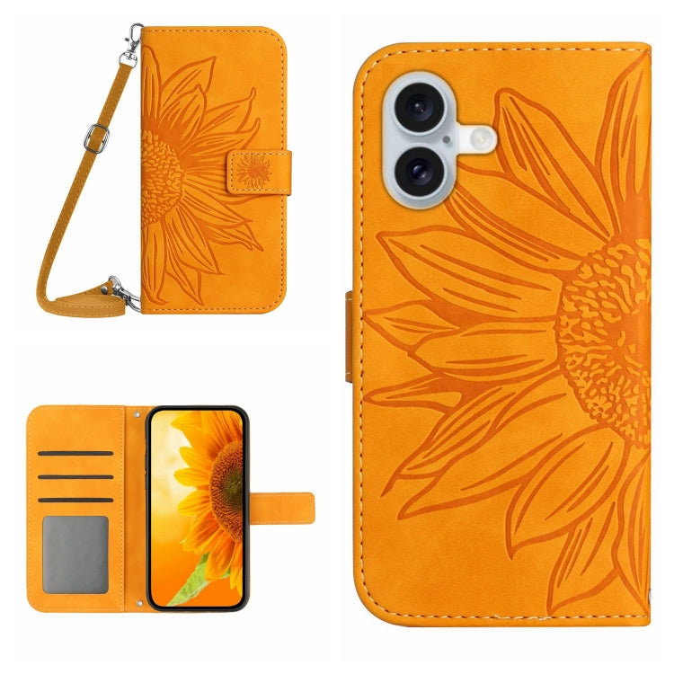 Skin Feel Sun Flower Embossed Flip Leather Phone Case with Lanyard, For iPhone 16, For iPhone 15 Pro Max