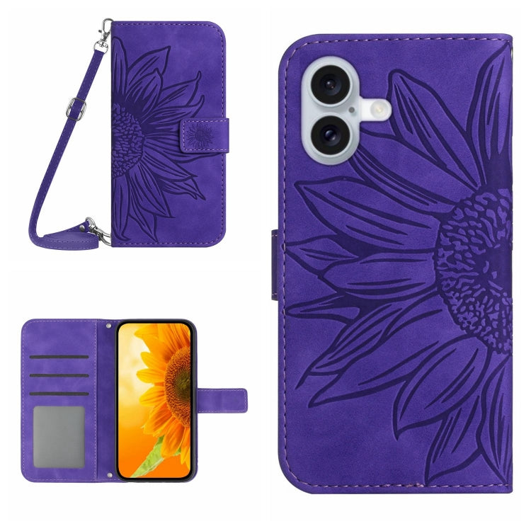 Skin Feel Sun Flower Embossed Flip Leather Phone Case with Lanyard, For iPhone 16, For iPhone 15 Pro Max