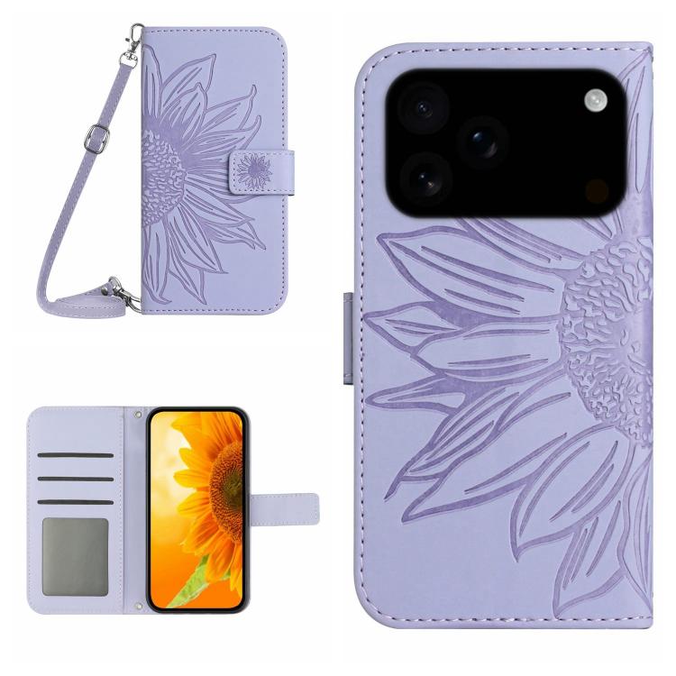 Skin Feel Sun Flower Embossed Flip Leather Phone Case with Lanyard, For iPhone 16 Pro Max, For iPhone 16 Pro