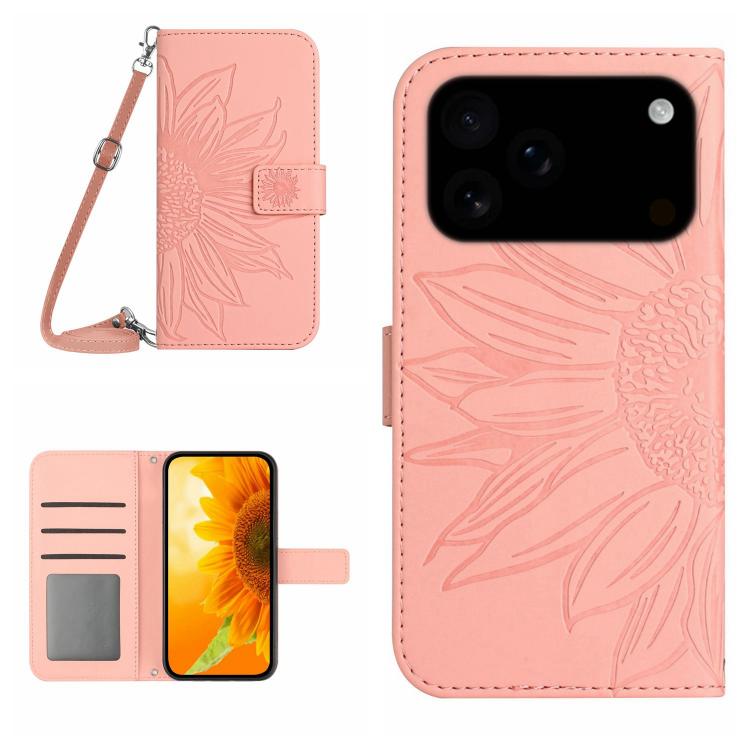 Skin Feel Sun Flower Embossed Flip Leather Phone Case with Lanyard, For iPhone 16 Pro Max, For iPhone 16 Pro
