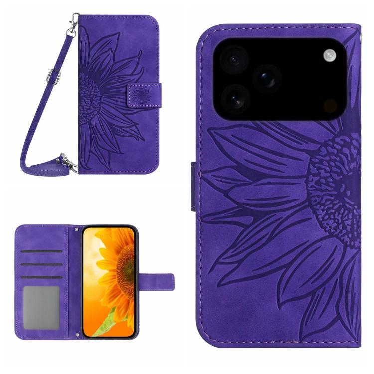 Skin Feel Sun Flower Embossed Flip Leather Phone Case with Lanyard, For iPhone 16 Pro Max, For iPhone 16 Pro