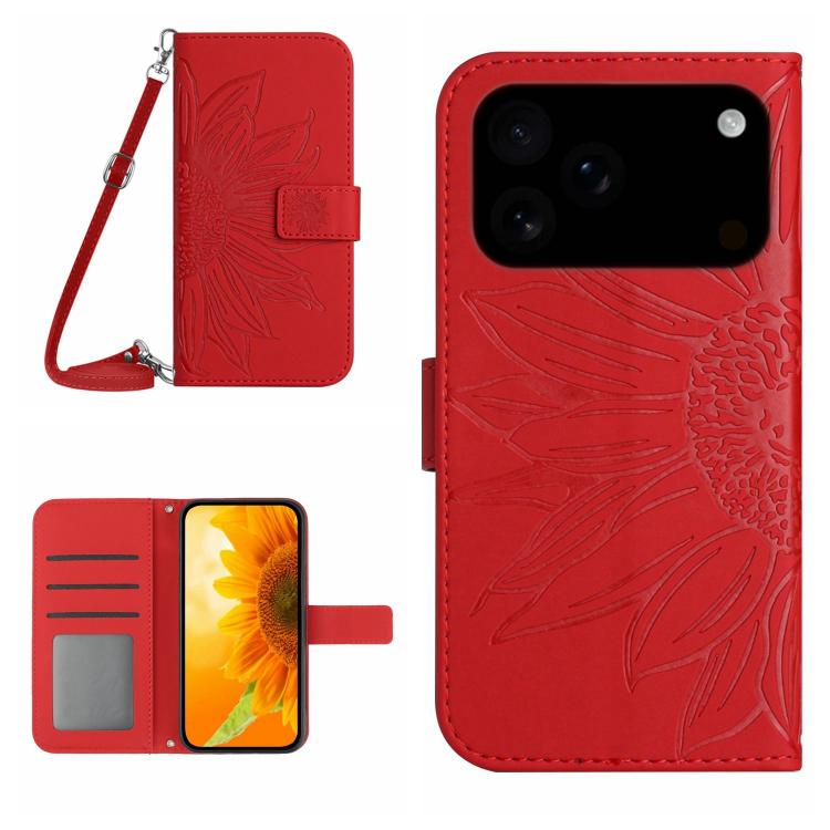 Skin Feel Sun Flower Embossed Flip Leather Phone Case with Lanyard, For iPhone 16 Plus, For iPhone 16