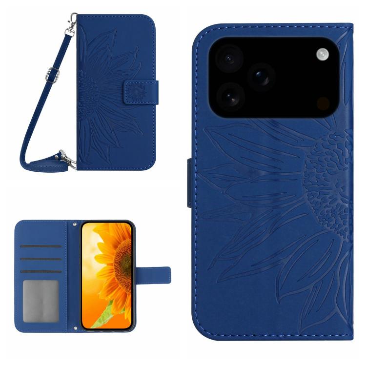 Skin Feel Sun Flower Embossed Flip Leather Phone Case with Lanyard, For iPhone 16 Plus, For iPhone 16