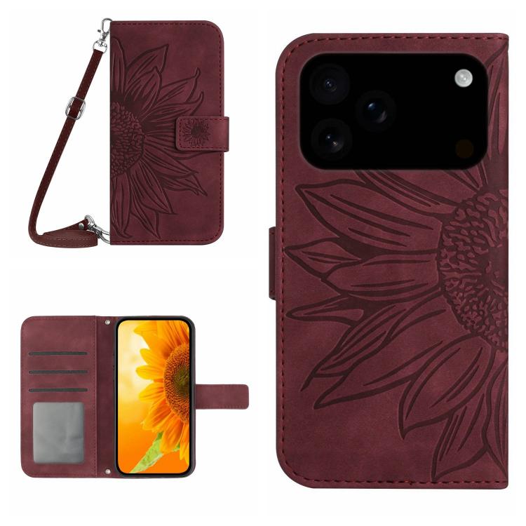 Skin Feel Sun Flower Embossed Flip Leather Phone Case with Lanyard, For iPhone 16 Pro Max, For iPhone 16 Pro