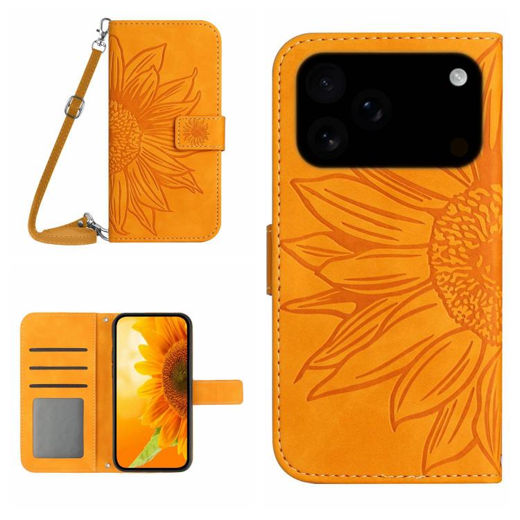 Skin Feel Sun Flower Embossed Flip Leather Phone Case with Lanyard, For iPhone 16 Plus, For iPhone 16