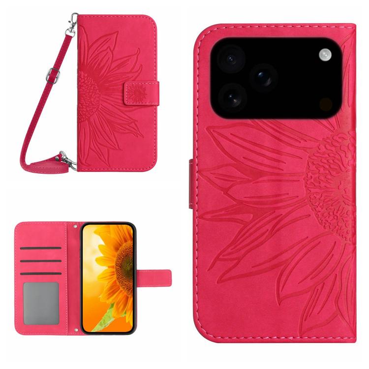 Skin Feel Sun Flower Embossed Flip Leather Phone Case with Lanyard, For iPhone 16 Pro Max, For iPhone 16 Pro