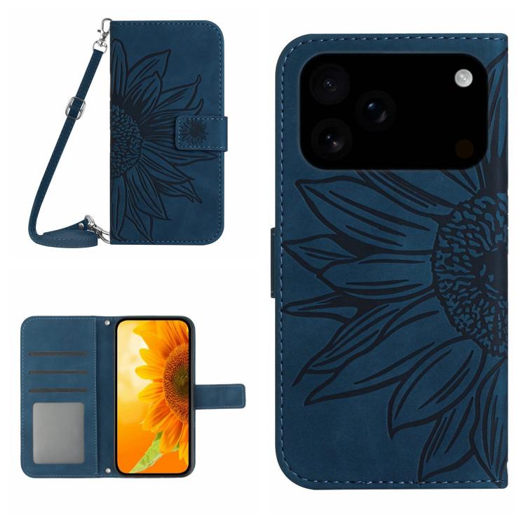 Skin Feel Sun Flower Embossed Flip Leather Phone Case with Lanyard, For iPhone 16 Plus, For iPhone 16