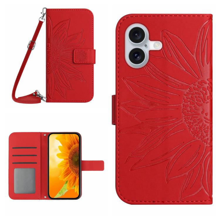 Skin Feel Sun Flower Embossed Flip Leather Phone Case with Lanyard, For iPhone 16 Plus, For iPhone 16