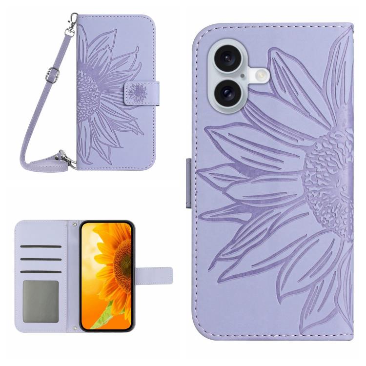 Skin Feel Sun Flower Embossed Flip Leather Phone Case with Lanyard, For iPhone 16 Plus, For iPhone 16