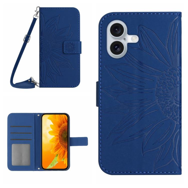 Skin Feel Sun Flower Embossed Flip Leather Phone Case with Lanyard, For iPhone 16 Plus, For iPhone 16