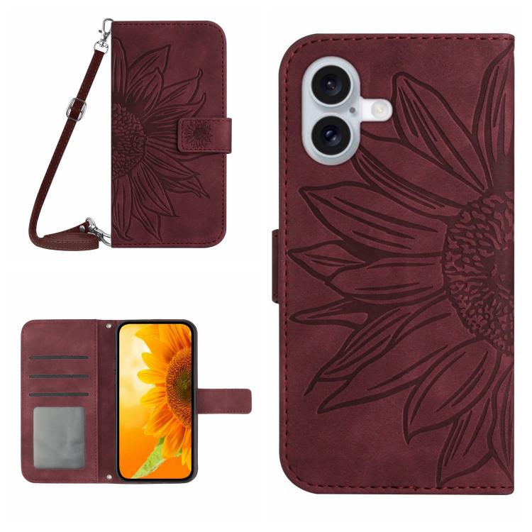 Skin Feel Sun Flower Embossed Flip Leather Phone Case with Lanyard, For iPhone 16 Plus, For iPhone 16
