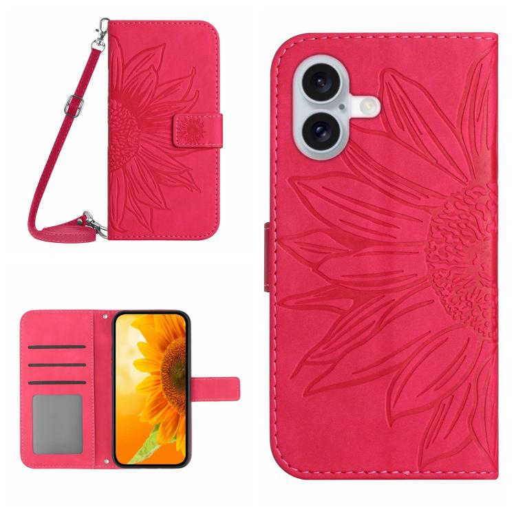 Skin Feel Sun Flower Embossed Flip Leather Phone Case with Lanyard, For iPhone 16 Plus, For iPhone 16