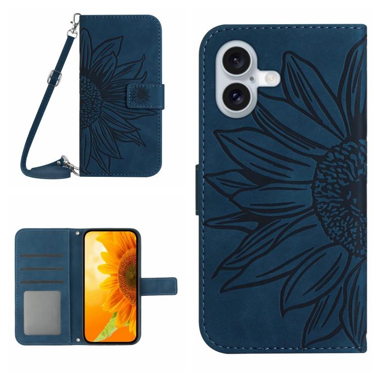 Skin Feel Sun Flower Embossed Flip Leather Phone Case with Lanyard, For iPhone 16 Plus, For iPhone 16