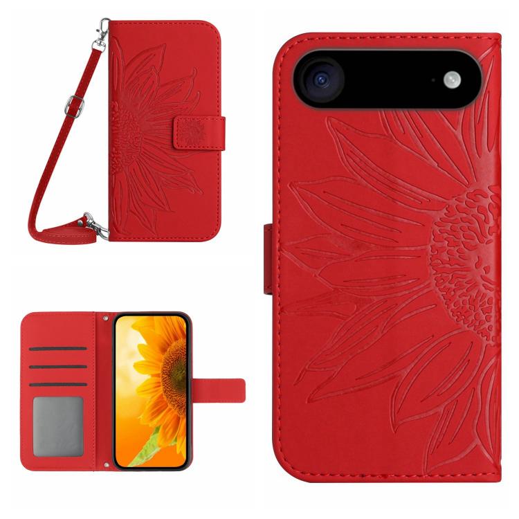 Skin Feel Sun Flower Embossed Flip Leather Phone Case with Lanyard, For iPhone 16 Plus, For iPhone 16