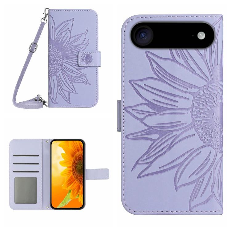 Skin Feel Sun Flower Embossed Flip Leather Phone Case with Lanyard, For iPhone 16 Plus, For iPhone 16