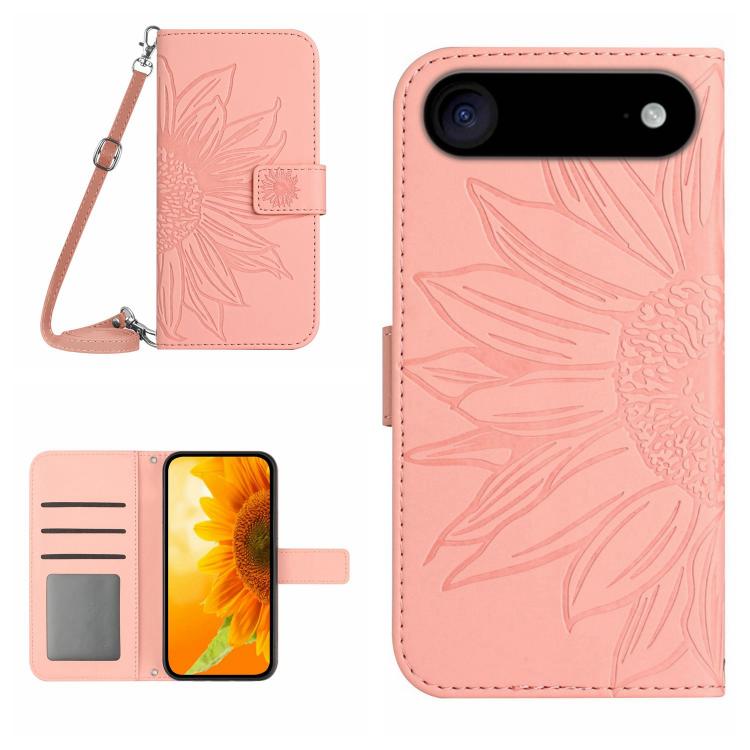 Skin Feel Sun Flower Embossed Flip Leather Phone Case with Lanyard, For iPhone 16 Plus, For iPhone 16