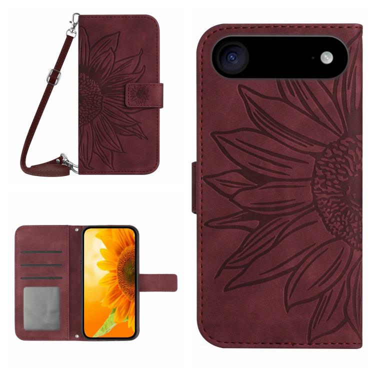 Skin Feel Sun Flower Embossed Flip Leather Phone Case with Lanyard, iPhone 16e, For iPhone 15 Pro Max