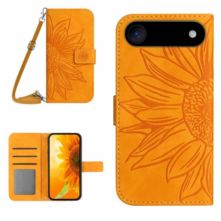 Skin Feel Sun Flower Embossed Flip Leather Phone Case with Lanyard, For iPhone 16 Plus, For iPhone 16