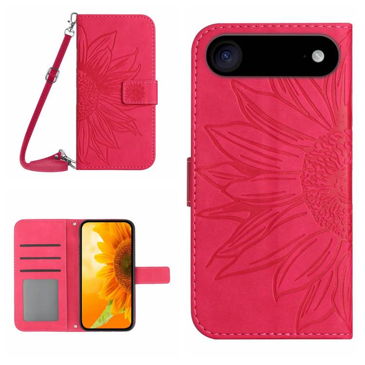 Skin Feel Sun Flower Embossed Flip Leather Phone Case with Lanyard, For iPhone 16 Plus, For iPhone 16