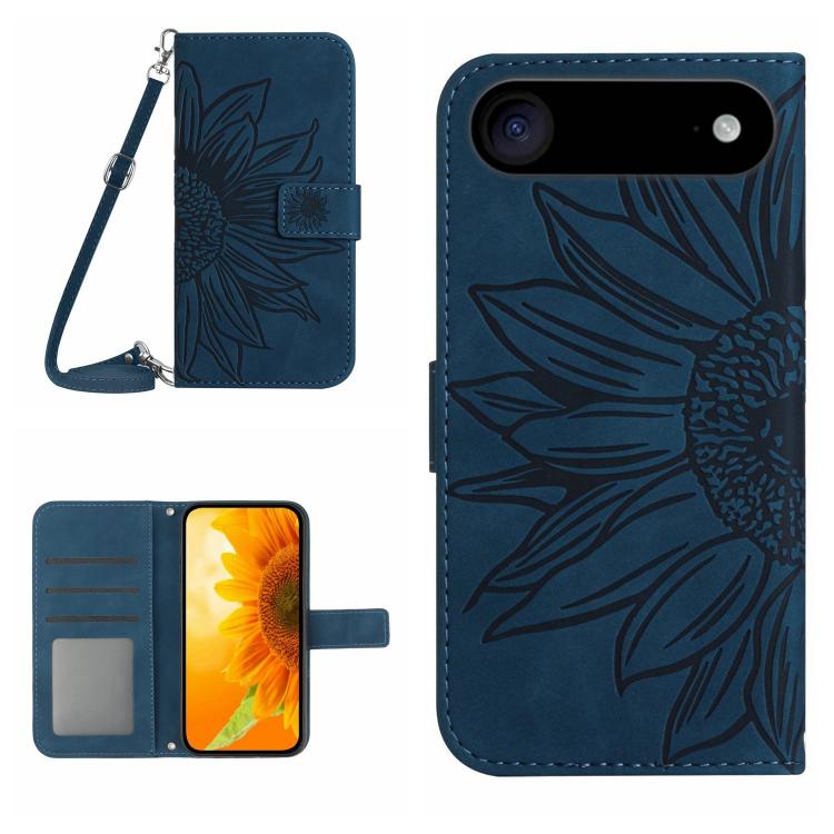 Skin Feel Sun Flower Embossed Flip Leather Phone Case with Lanyard, For iPhone 16 Plus, For iPhone 16